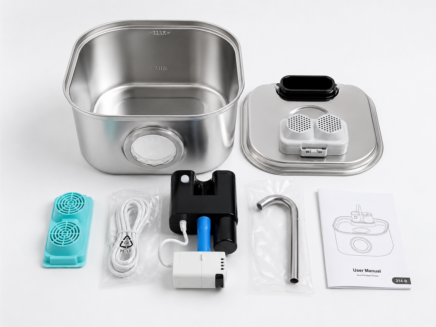 Contenu du pack fontaine Pawvia : cuve inox, couvercle, pompe, bec, filtre, câble USB-C et manuel