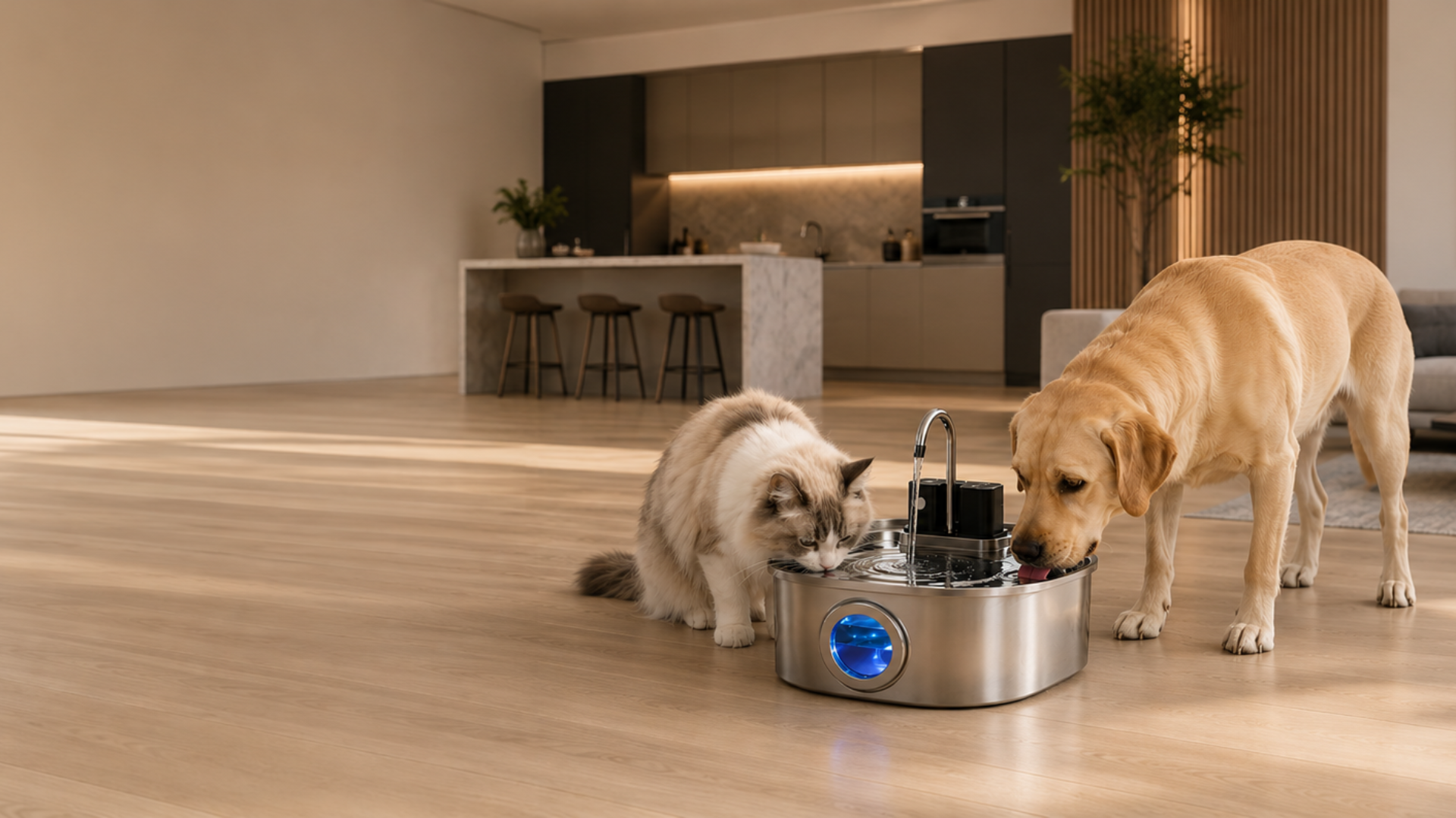 Chat et chien buvant à la fontaine Pawvia dans un intérieur contemporain