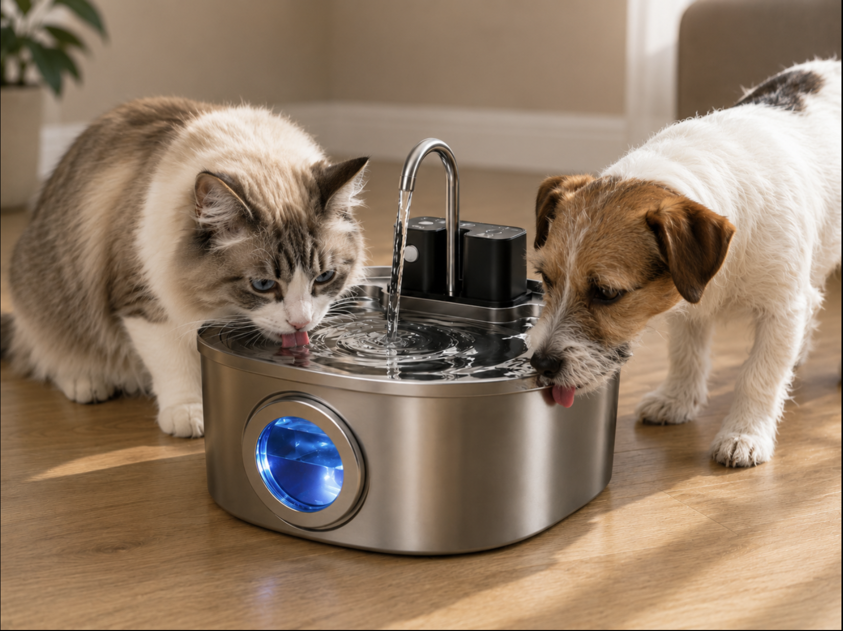 Chat buvant à la fontaine Pawvia dans une cuisine moderne